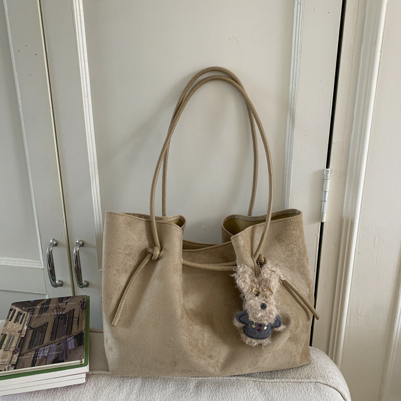 Suede-Effect Bucket Shoulder Bag in khaki with bear charm