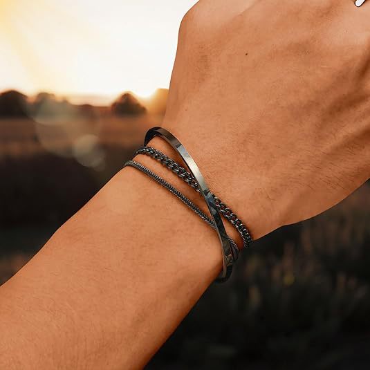 Layered Geometric Bracelet Set in black, three bracelets