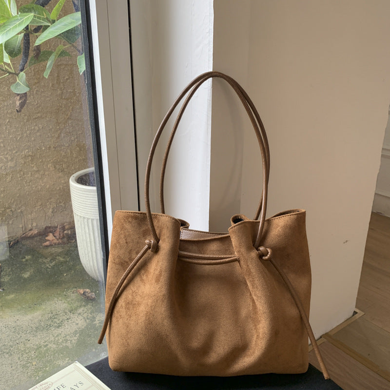 Suede-Effect Bucket Shoulder Bag in tan