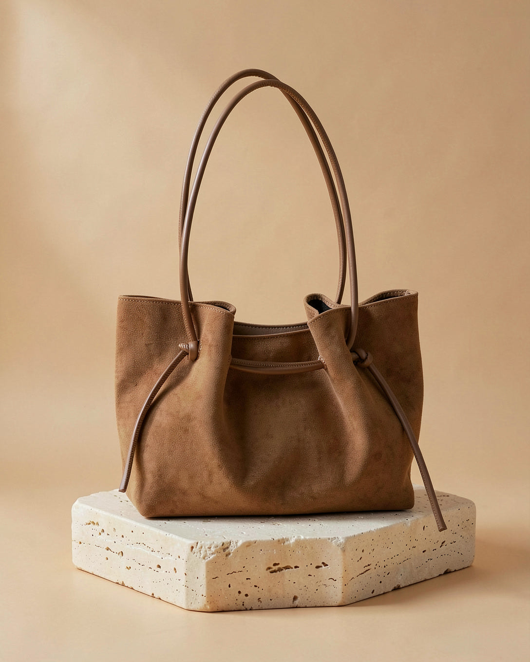The Drawstring Bucket bag in tan on a travertine block