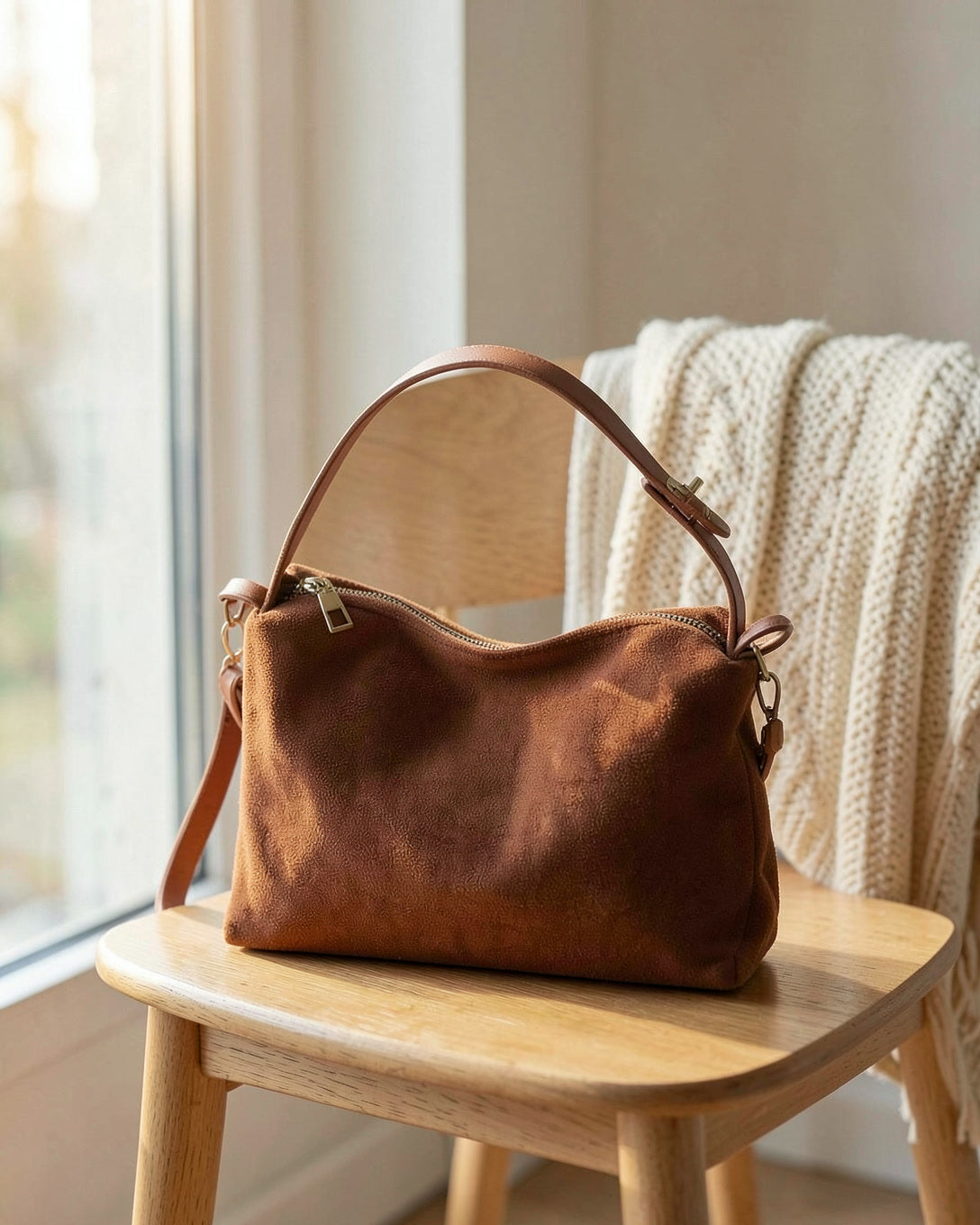 The Soft Zip crossbody in brown on a wooden chair by a window