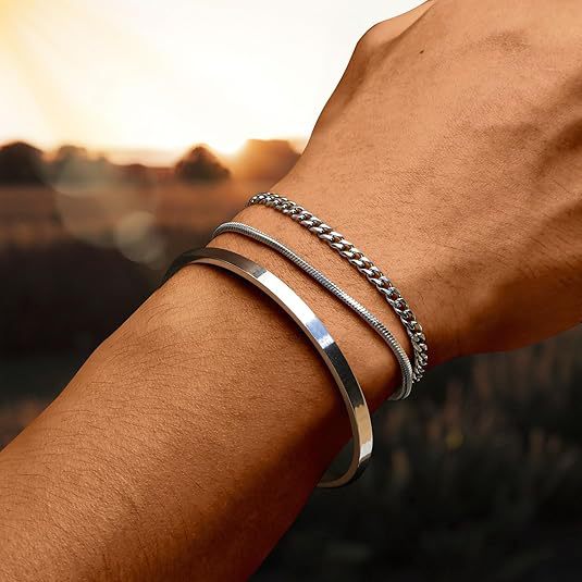 Layered Geometric Bracelet Set in silver, three bracelets