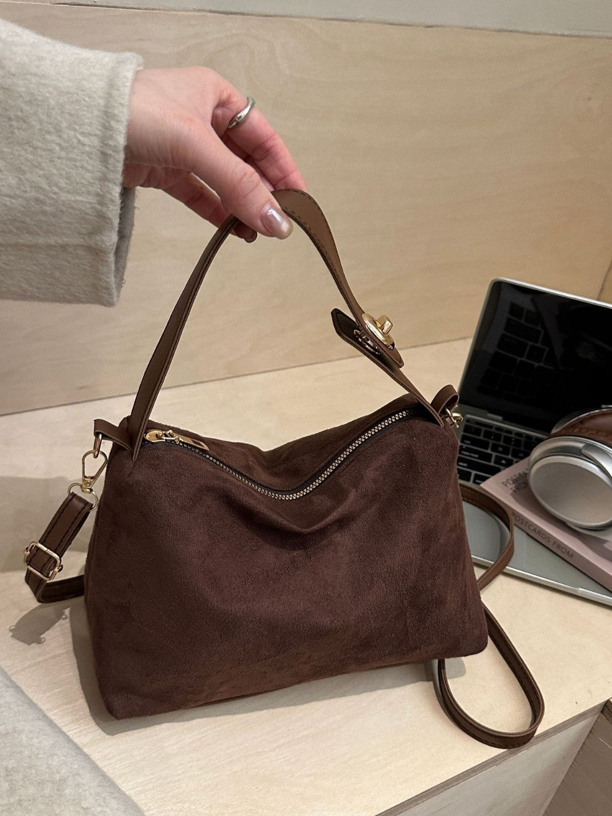 Suede-Effect Crossbody Bag