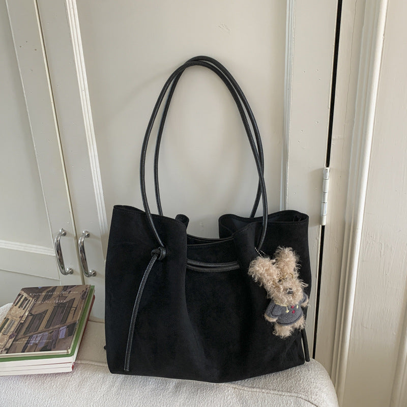 Suede-Effect Bucket Shoulder Bag in black with bear charm