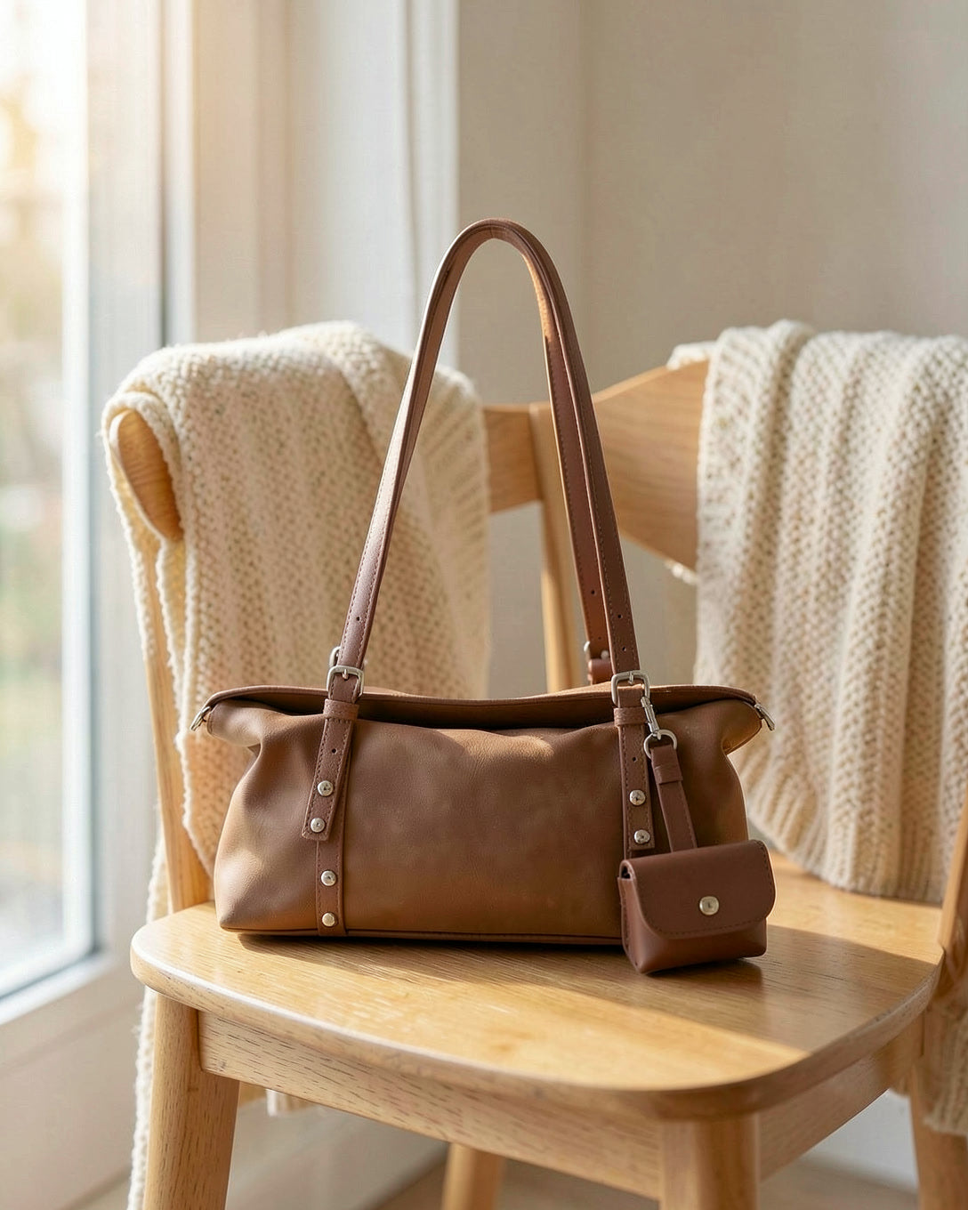 The Frost bag in brown on a wooden chair by a window