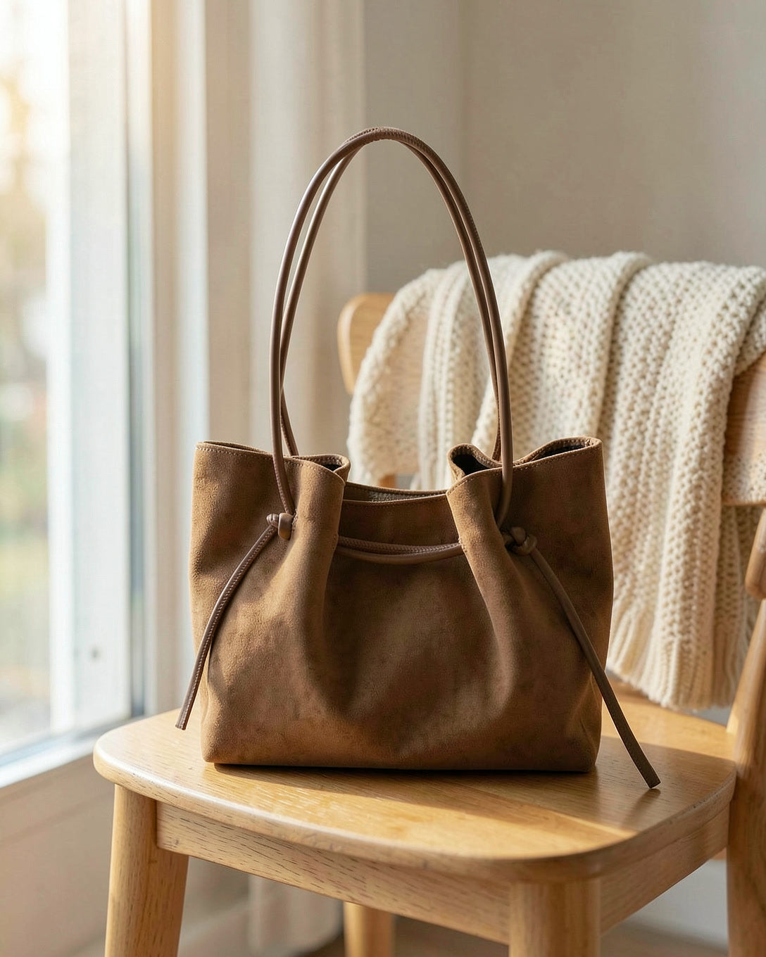 The Drawstring Bucket bag in tan on a wooden chair by a window